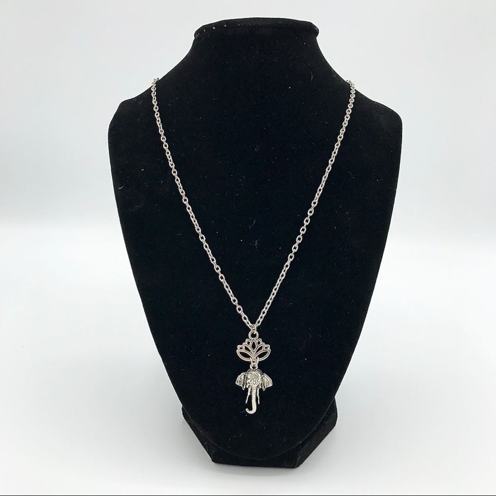 Elephant Lotus Charm Silver Tone Boho Hippie Necklace